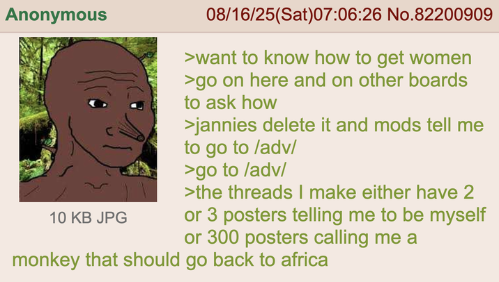 Anonymous 10 KB JPG 08/16/25(Sat)07:06:26 No.82200909 >want to know how to get women >go on here and on other boards to ask how >jannies delete it and mods tell me to go to /adv/ >go to /adv/ >the threads I make either have 2 or 3 posters telling me to be myself or 300 posters calling me a monkey that should go back to africa