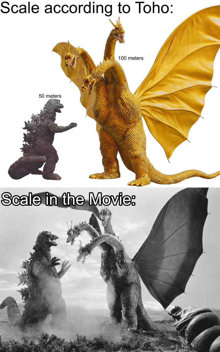 Scale according to Toho: 50 meters 100 meters Scale in the Movie: