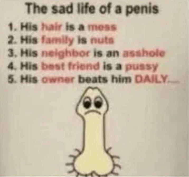 The sad life of a penis 1. His hair is a mess 2. His family is nuts 3. His neighbor is an a------ 4. His best friend is a p---- 5. His owner beats him DAILY