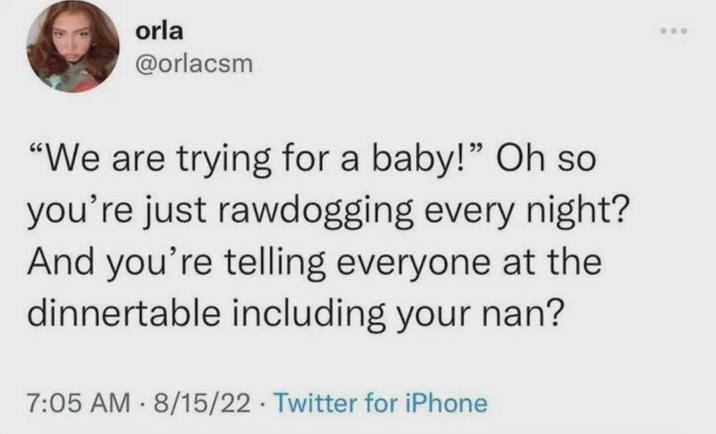 orla @orlacsm "We are trying for a baby!" Oh so you're just rawdogging every night? And you're telling everyone at the dinnertable including your nan? 7:05 AM 8/15/22 Twitter for iPhone • •