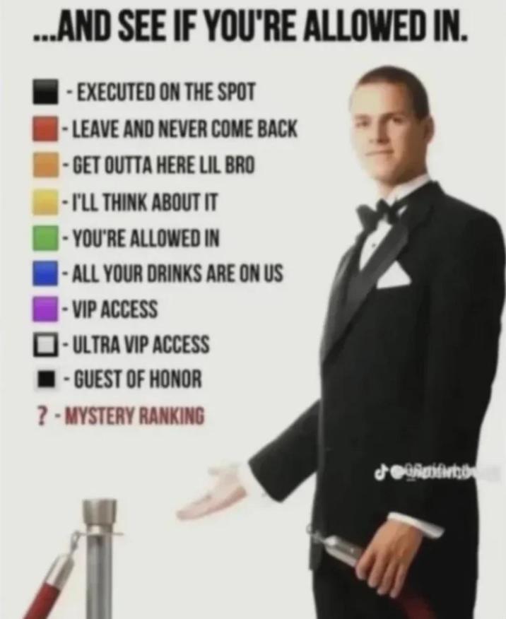 ...AND SEE IF YOU'RE ALLOWED IN. -EXECUTED ON THE SPOT |- LEAVE AND NEVER COME BACK - GET OUTTA HERE LIL BRO -I'LL THINK ABOUT IT -YOU'RE ALLOWED IN - ALL YOUR DRINKS ARE ON US -VIP ACCESS - ULTRA VIP ACCESS ■-GUEST OF HONOR ? - MYSTERY RANKING