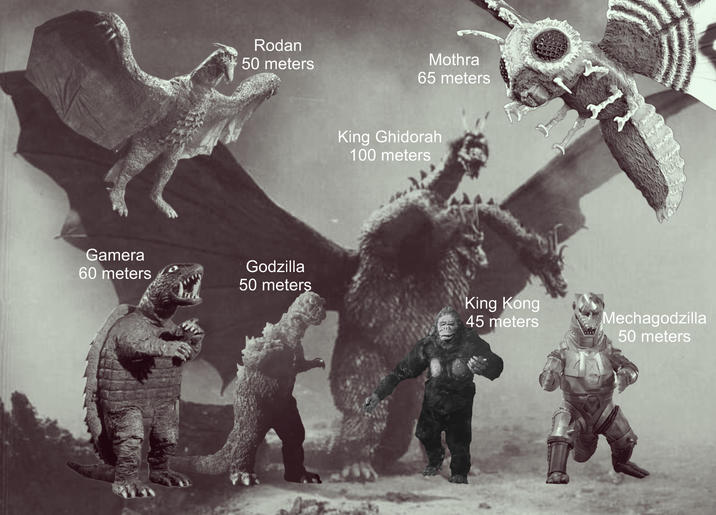 Rodan 50 meters Mothra 65 meters King Ghidorah 100 meters Gamera 60 meters Godzilla 50 meters King Kong 45 meters Mechagodzilla 50 meters