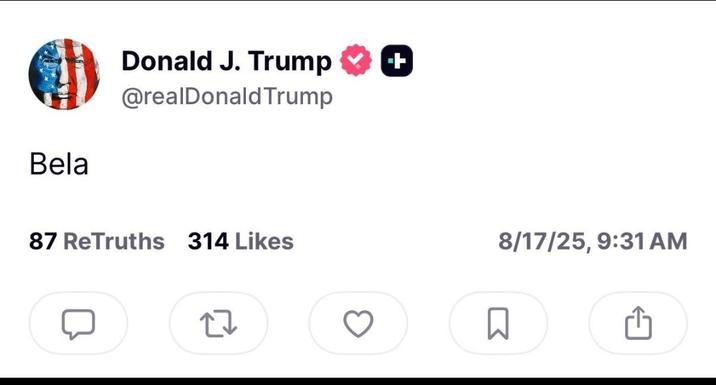 Bela Donald J. Trump @realDonaldTrump + 87 ReTruths 314 Likes 27 8/17/25, 9:31 AM ☐