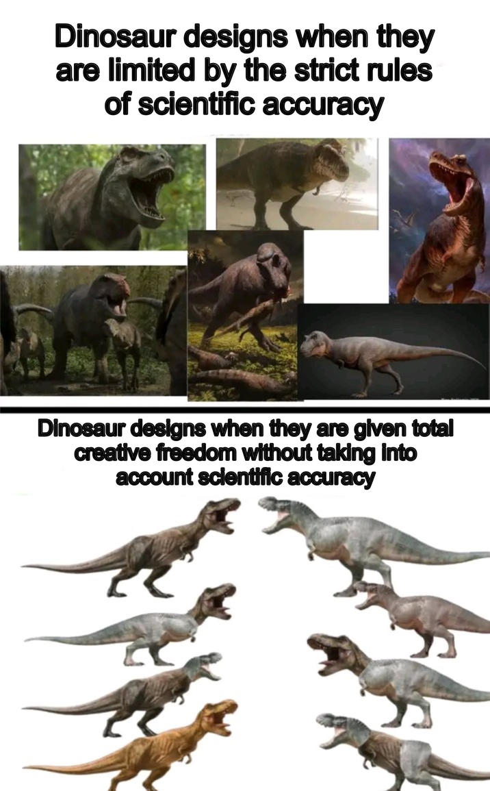 Dinosaur designs when they are limited by the strict rules of scientific accuracy Dinosaur designs when they are given total creative freedom without taking into account scientific accuracy K