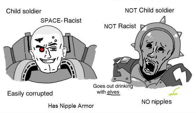NOT Child soldier Child soldier SPACE-Racist NOT Racist Easily corrupted Has Nipple Armor Goes out drinking with elves NO n------