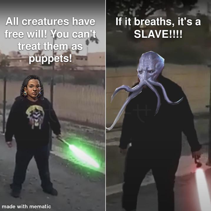 All creatures have free will! You can't treat them as puppets! made with mematic If it breaths, it's a SLAVE!!!! せ
