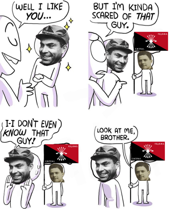 WELL I LIKE YOU... I-I DON'T EVEN KNOW THAT GUY! C.N.T.F.A.I F.E.J.O.N.S. BUT I'M KINDA SCARED OF THAT GUY. LOOK AT ME, BROTHER. C.N.T.F.A.I. C.N.T.F.A. F.E.J.O.N.S. F.E.J.O.N.S