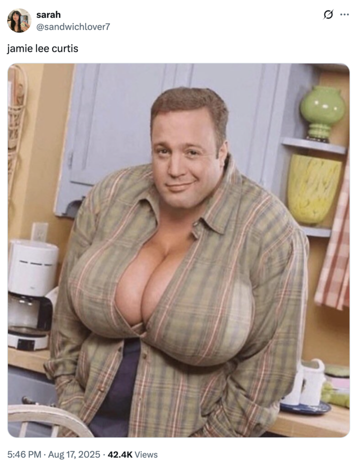 Kevin James image A "tweet":https://knowyourmeme.com/memes/sites/twitter-x joking about Jamie Lee Curtis's large chest in the August 2025 _Freakier Friday_ ad shared by the "Disney":https://knowyourmeme.com/memes/subcultures/disney "TikTok":https://knowyourmeme.com/memes/sites/tiktok account, using the image of "Kevin James Smirking":https://knowyourmeme.com/memes/kevin-james-smirking-getty-image with big breasts.