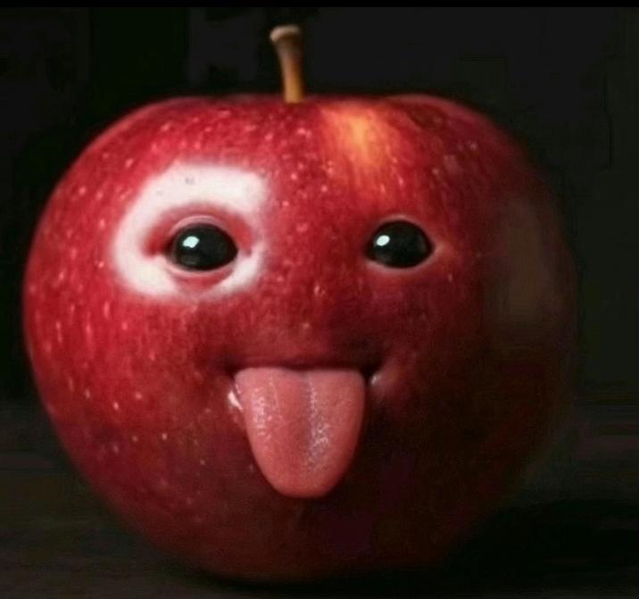 An apple with its tongue out. The apple is AI.