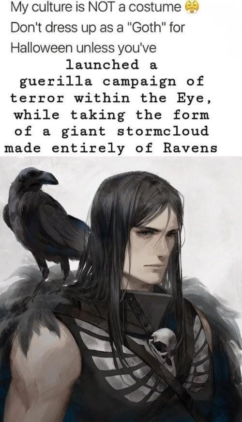 My culture is NOT a costume Don't dress up as a "Goth" for Halloween unless you've launched a guerilla campaign of terror within the Eye, while taking the form of a giant stormcloud made entirely of Ravens