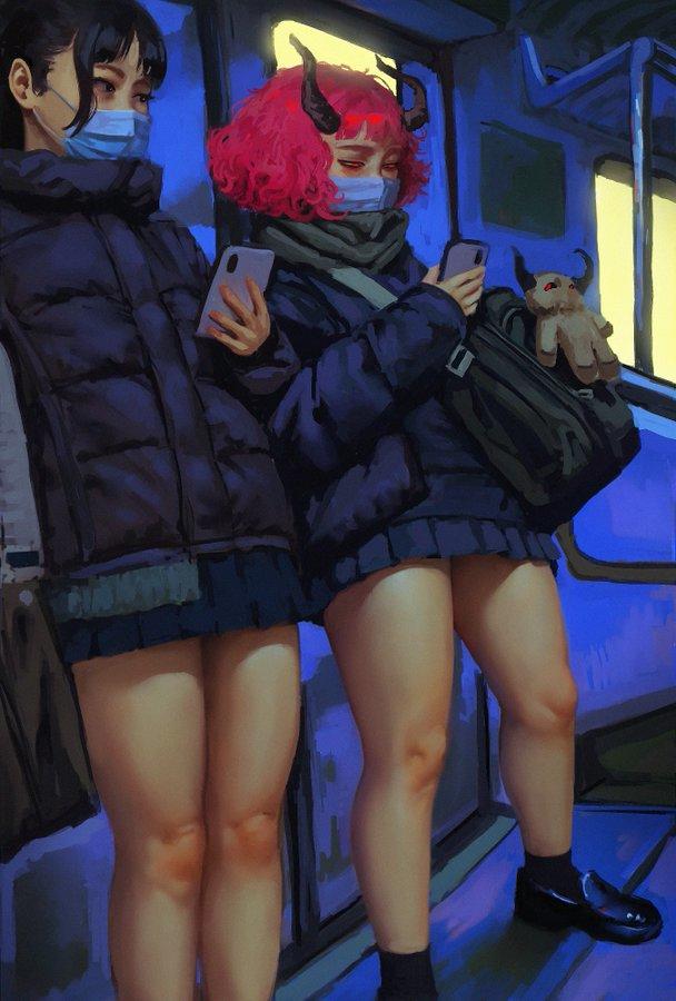 Casato's art "Demon Ellie." The art shows two girls on a bus.