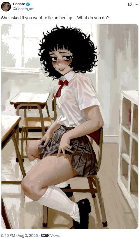 A post reading, "She asked if you want to lie on her lap...  What do you do?" The post shares art by Casato of Ellie.