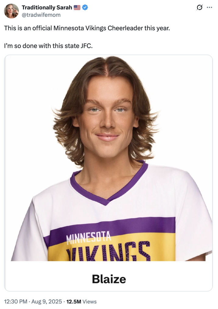 A "tweet":https://knowyourmeme.com/memes/sites/twitter-x expressing outrage over the addition of two male cheerleaders to the Minnesota Vikings "NFL":https://knowyourmeme.com/memes/cultures/nfl-american-football team's cheer squad in August 2025.