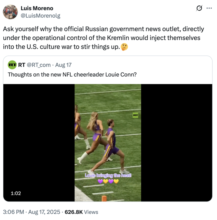 A "tweet":https://knowyourmeme.com/memes/sites/twitter-x spreading a "theory":https://knowyourmeme.com/memes/cultures/conspiracy-theories that the Russian media was spreading the outrage over the Vikings Male Cheerleaders Louie Conn and Blaize Shiek Controversy.