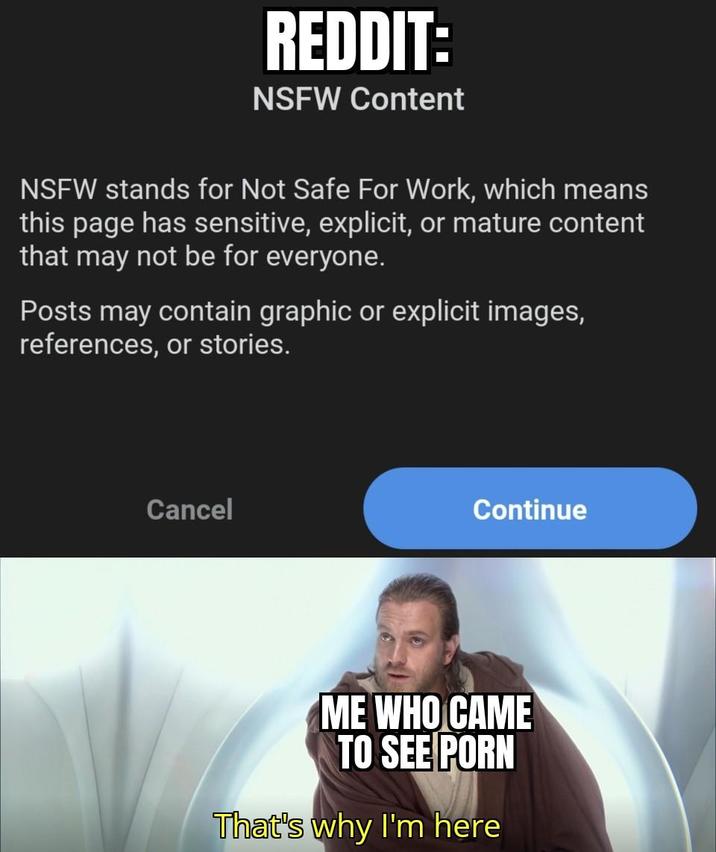 REDDIT: NSFW Content NSFW stands for Not Safe For Work, which means this page has sensitive, explicit, or mature content that may not be for everyone. Posts may contain graphic or explicit images, references, or stories. Cancel Continue ME WHO CAME TO SEE P--- That's why I'm here