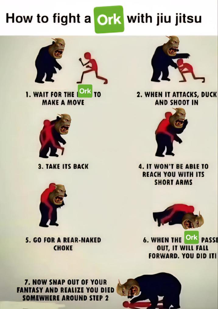 How to fight a Ork with jiu jitsu Ork TO 1. WAIT FOR THE I MAKE A MOVE 3. TAKE ITS BACK 2. WHEN IT ATTACKS, DUCK AND SHOOT IN 4. IT WON'T BE ABLE TO REACH YOU WITH ITS SHORT ARMS Ork 5. GO FOR A REAR-NAKED CHOKE 6. WHEN THE PASSE OUT, IT WILL FALL FORWARD. YOU DID ITI 7. NOW SNAP OUT OF YOUR FANTASY AND REALIZE YOU DIED SOMEWHERE AROUND STEP 2