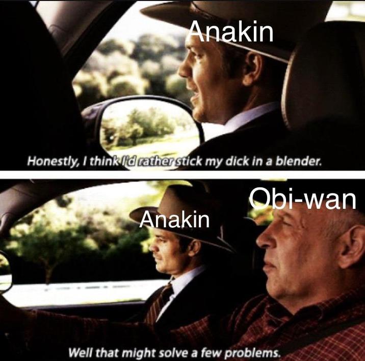 Anakin Honestly, I think I'd rather stick my d--- in a blender. Obi-wan Anakin Well that might solve a few problems.