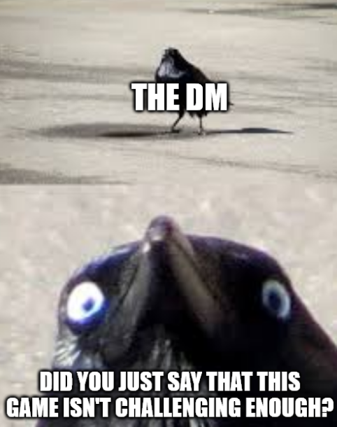 THE DM DID YOU JUST SAY THAT THIS GAME ISN'T CHALLENGING ENOUGH?