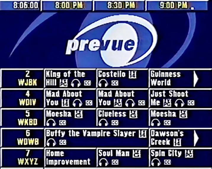 8.06.00 8:00 PM 8:30 PM 9:00 PM prevue 2 King of the Costello WJBK HID N 哈日 CB Guinness World 4 Mad About Mad About Just Shoot WDIV You You Me 5 Moesha Clueless Moesha & WKBD I g BC 6 Buffy the Vampire Slayer Dawson's WOWB G Creek 7 Home Soul Man & Spin City WXYZ Improvement CC EC