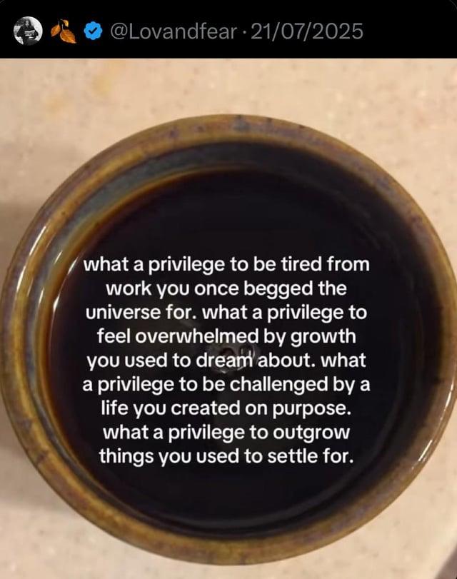 @Lovandfear - 21/07/2025 . what a privilege to be tired from work you once begged the universe for. what a privilege to feel overwhelmed by growth you used to dream about. what a privilege to be challenged by a life you created on purpose. what a privilege to outgrow things you used to settle for.