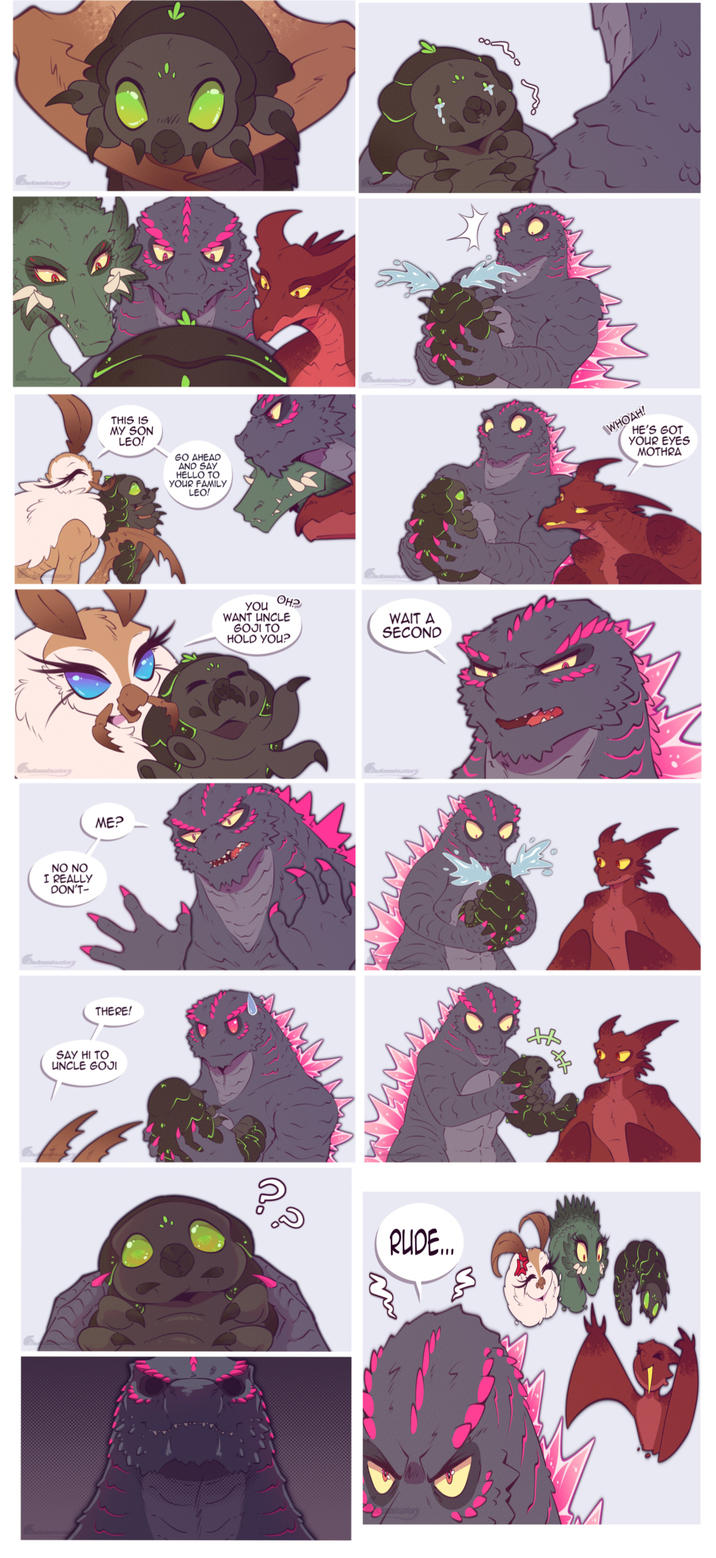 NO NO I REALLY DON'T- Endominatory ME? THERE! SAY HI TO UNCLE GOJI N/1 THIS IS MY SON LEO! GO AHEAD AND SAY HELLO TO YOUR FAMILY LEO! ° you Она WANT UNCLE GOJI TO HOLD YOU? RUDE... WAIT A SECOND 館 S WHOAH! HE'S GOT YOUR EYES MOTHRA