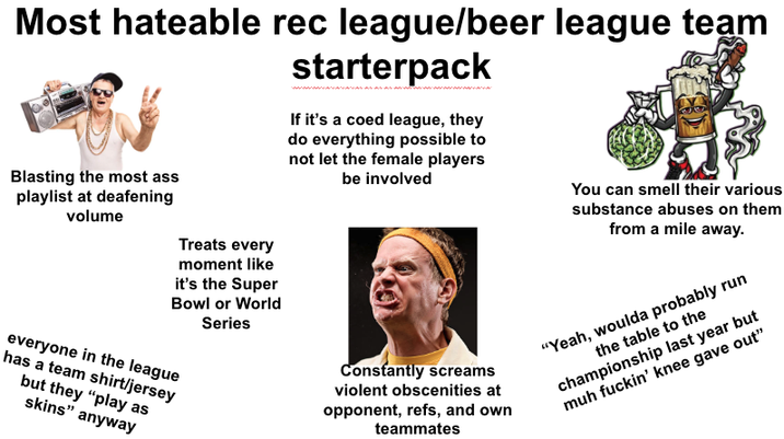 Most hateable rec league/beer league team Blasting the most ass playlist at deafening volume Treats every moment like it's the Super Bowl or World Series everyone in the league has a team shirt/jersey but they "play as skins" anyway starterpack If it's a coed league, they do everything possible to not let the female players be involved Constantly screams violent obscenities at opponent, refs, and own teammates You can smell their various substance abuses on them from a mile away. "Yeah, woulda probably run the table to the championship last year but muh f-----' knee gave out"