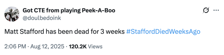 The "tweet":https://knowyourmeme.com/memes/sites/twitter-x that started the "theory":https://knowyourmeme.com/memes/cultures/conspiracy-theories that LA Rams quarterback Matthew Stafford died weeks before the start of the 2025-2026 "NFL":https://knowyourmeme.com/memes/cultures/nfl-american-football season.