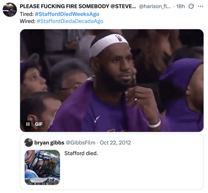 A "tweet":https://knowyourmeme.com/memes/sites/twitter-x joking about the "theory":https://knowyourmeme.com/memes/cultures/conspiracy-theories that LA Rams quarterback Matthew Stafford died weeks before the start of the 2025-2026 "NFL":https://knowyourmeme.com/memes/cultures/nfl-american-football season.