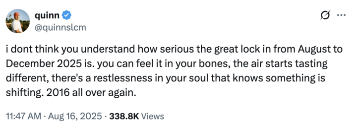 A "tweet":https://knowyourmeme.com/memes/sites/twitter-x joking about the "The Great Lock In of 2025," which originally went viral on "TikTok":https://knowyourmeme.com/memes/sites/tiktok in August 2025. 