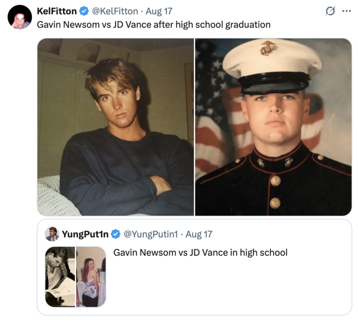 Gavin Newsom vs JD Vance after high school graduation A "tweet":https://knowyourmeme.com/memes/sites/twitter-x comparing the high school photos of California Governor "Gavin Newsom":https://knowyourmeme.com/memes/people/gavin-newsom and "U.S.":https://knowyourmeme.com/memes/cultures/united-states-of-america Vice President "J.D. Vance":https://knowyourmeme.com/memes/people/jd-vance, which, overall, likened Newsom as a ""Chad":https://knowyourmeme.com/memes/chad" and Vance as a ""Chud":https://knowyourmeme.com/memes/chud" or "nerd."