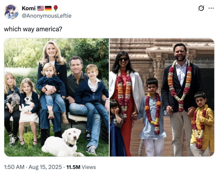 which way america? A "tweet":https://knowyourmeme.com/memes/sites/twitter-x comparing the family portraits of California Governor "Gavin Newsom":https://knowyourmeme.com/memes/people/gavin-newsom and "U.S.":https://knowyourmeme.com/memes/cultures/united-states-of-america Vice President "J.D. Vance":https://knowyourmeme.com/memes/people/jd-vance.