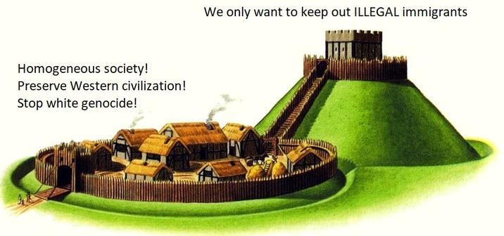 An example of the Motte and Bailey Fallacy meme format discussing immigration and white genocide, which was shared by Twitter / X user Noah Smith (@Noahpinion) in late February 2019.
