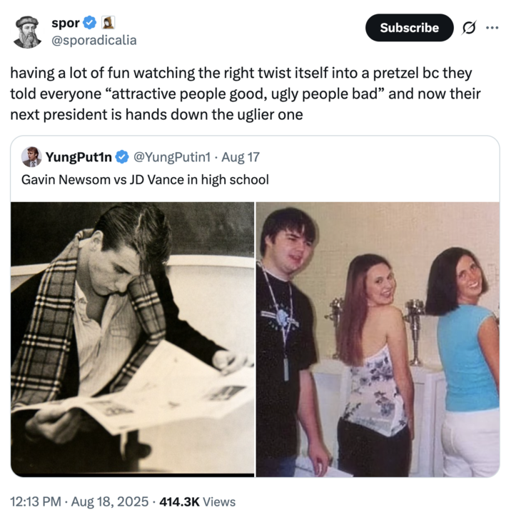 A "tweet":https://knowyourmeme.com/memes/sites/twitter-x comparing the high school photos of California Governor "Gavin Newsom":https://knowyourmeme.com/memes/people/gavin-newsom and "U.S.":https://knowyourmeme.com/memes/cultures/united-states-of-america Vice President "J.D. Vance":https://knowyourmeme.com/memes/people/jd-vance, which, overall, likened Newsom as a ""Chad":https://knowyourmeme.com/memes/chad" and Vance as a ""Chud":https://knowyourmeme.com/memes/chud" or "nerd."