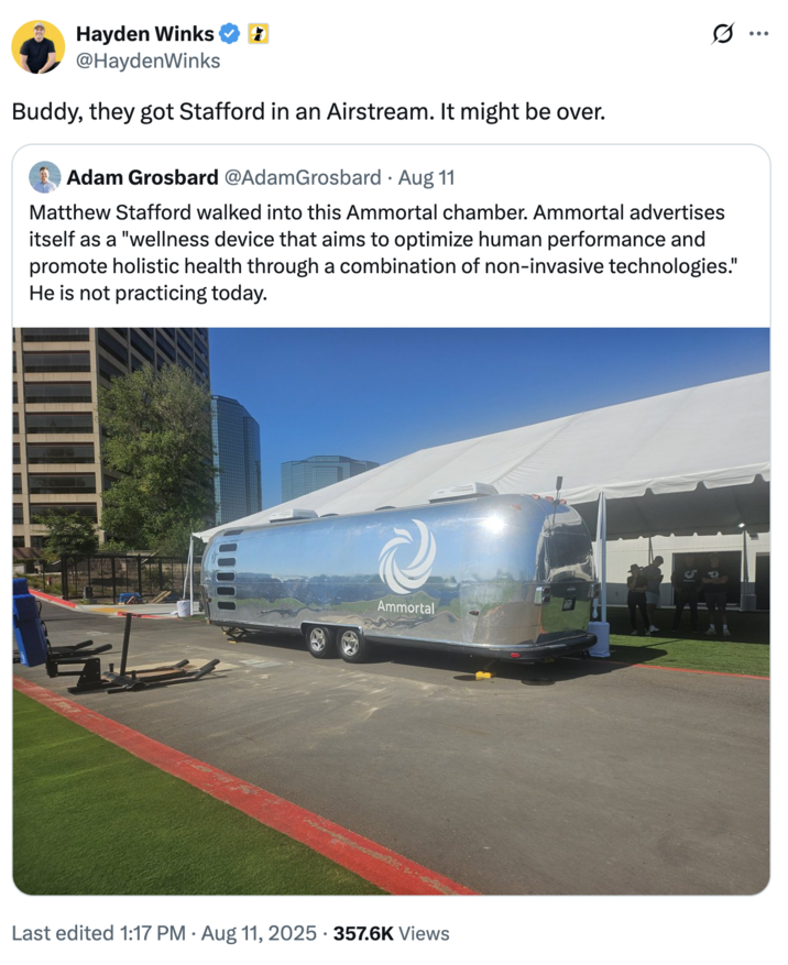 A funny "tweet":https://knowyourmeme.com/memes/sites/twitter-x about LA Rams quarterback Matt Stafford being put in an Airstream ahead of the 2025-2026 NFL season.