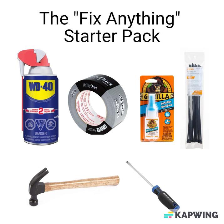 The "Fix Anything" Starter Pack WD-40. UIT MULTIFOND PRODUTION SPRAYS VAPORISER WAYS FACONS 226 OVO DANGER FLAMMABLE CONTENTS UNDER PRESSURE POISON INFLAMMABLE CONTENU SOUS PRESSION POISON Cantech 1.89"x 45.4 yd Duct UtilityDuct Cante antech Car INCRED 3 97 STRON GILLA SUPER GLUE SUPER COLLE GORILLA Saree Saree Cot CAUTION ATTENTION BONDS SKIN INSTANTLY PE PAPIDEMENT LA PEAL Nylon Zip Ties en nylon MASTERCRAFT KAPWING