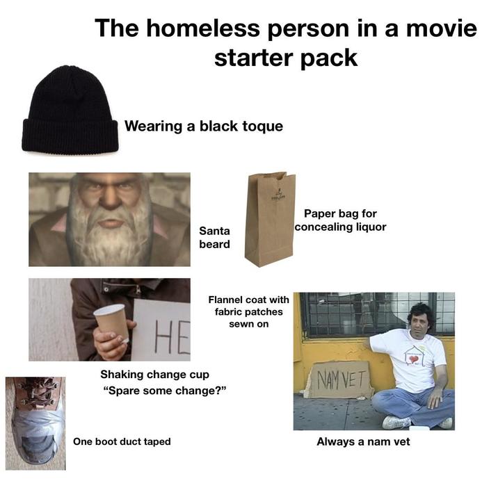 The homeless person in a movie starter pack Wearing a black toque Santa beard DUBLURE Paper bag for concealing liquor HE Shaking change cup Flannel coat with fabric patches "Spare some change?" sewn on One boot duct taped NAM VET Always a nam vet