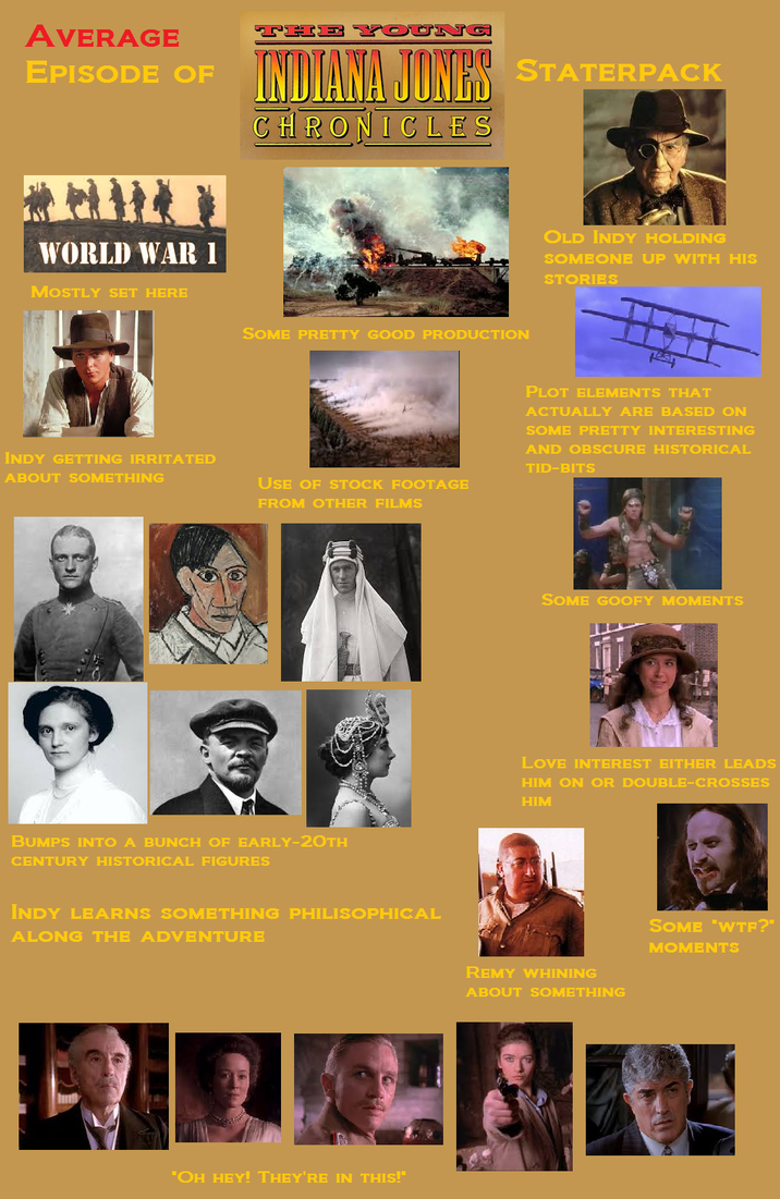 AVERAGE THE YOUNG EPISODE OF INDIANA JONES STATERPACK CHRONICLES WORLD WAR 1 MOSTLY SET HERE SOME PRETTY GOOD PRODUCTION INDY GETTING IRRITATED ABOUT SOMETHING USE OF STOCK FOOTAGE FROM OTHER FILMS BUMPS INTO A BUNCH OF EARLY-20TH CENTURY HISTORICAL FIGURES Indy learns SOMETHING PHILISOPHICAL ALONG THE ADVENTURE "OH HEY! They're in this!" OLD INDY HOLDING SOMEONE UP WITH HIS STORIES PLOT ELEMENTS THAT ACTUALLY ARE BASED ON SOME PRETTY INTERESTING AND OBSCURE HISTORICAL TID-BITS SOME GOOFY MOMENTS LOVE INTEREST EITHER LEADS HIM ON OR DOUBLE-CROSSES HIM REMY WHINING ABOUT SOMETHING SOME "W--?" MOMENTS