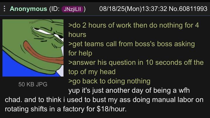 Anonymous (ID: JNzjiLII) 50 KB JPG 08/18/25(Mon) 13:37:32 No.60811993 >do 2 hours of work then do nothing for 4 hours >get teams call from boss's boss asking for help >answer his question in 10 seconds off the top of my head >go back to doing nothing yup it's just another day of being a wfh chad. and to think i used to bust my ass doing manual labor on rotating shifts in a factory for $18/hour.