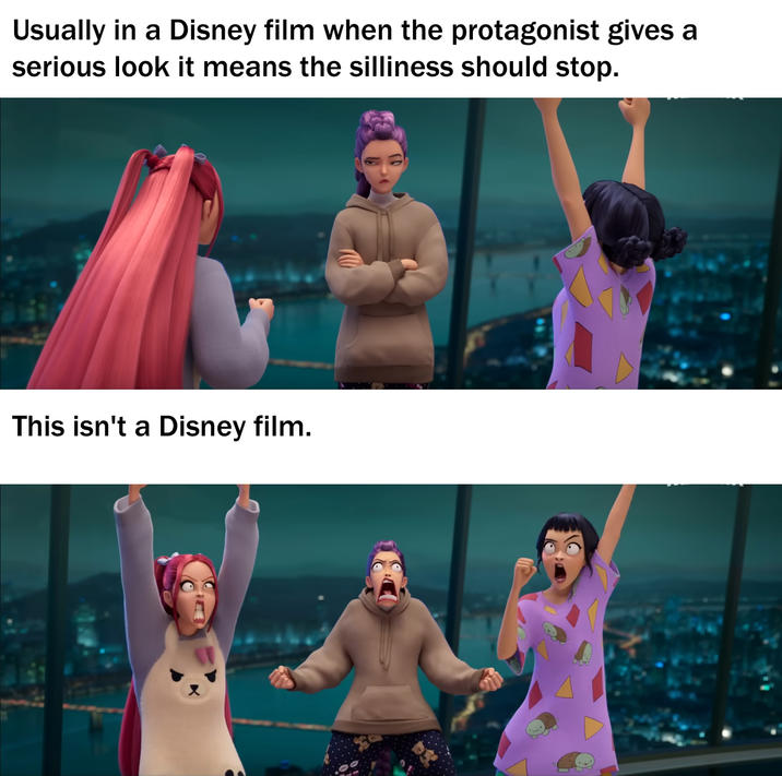 Usually in a Disney film when the protagonist gives a serious look it means the silliness should stop. This isn't a Disney film.