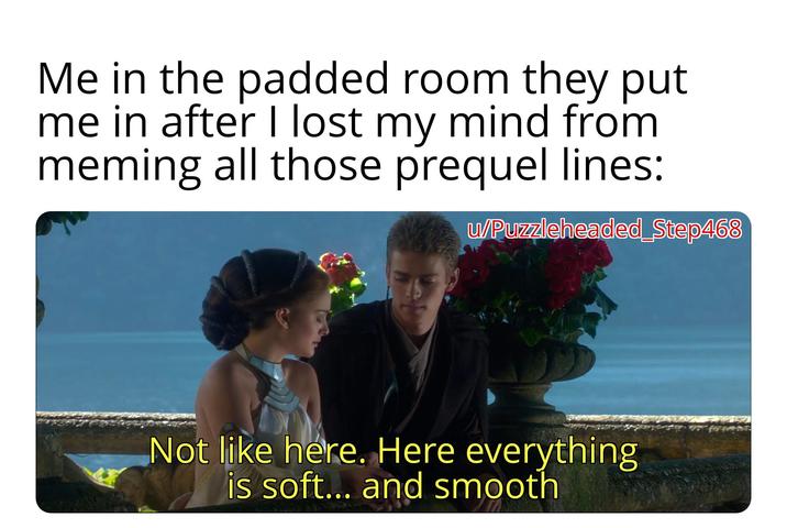 Me in the padded room they put me in after I lost my mind from meming all those prequel lines: w/Puzzleheaded_Step468 Not like here. Here everything is soft... and smooth