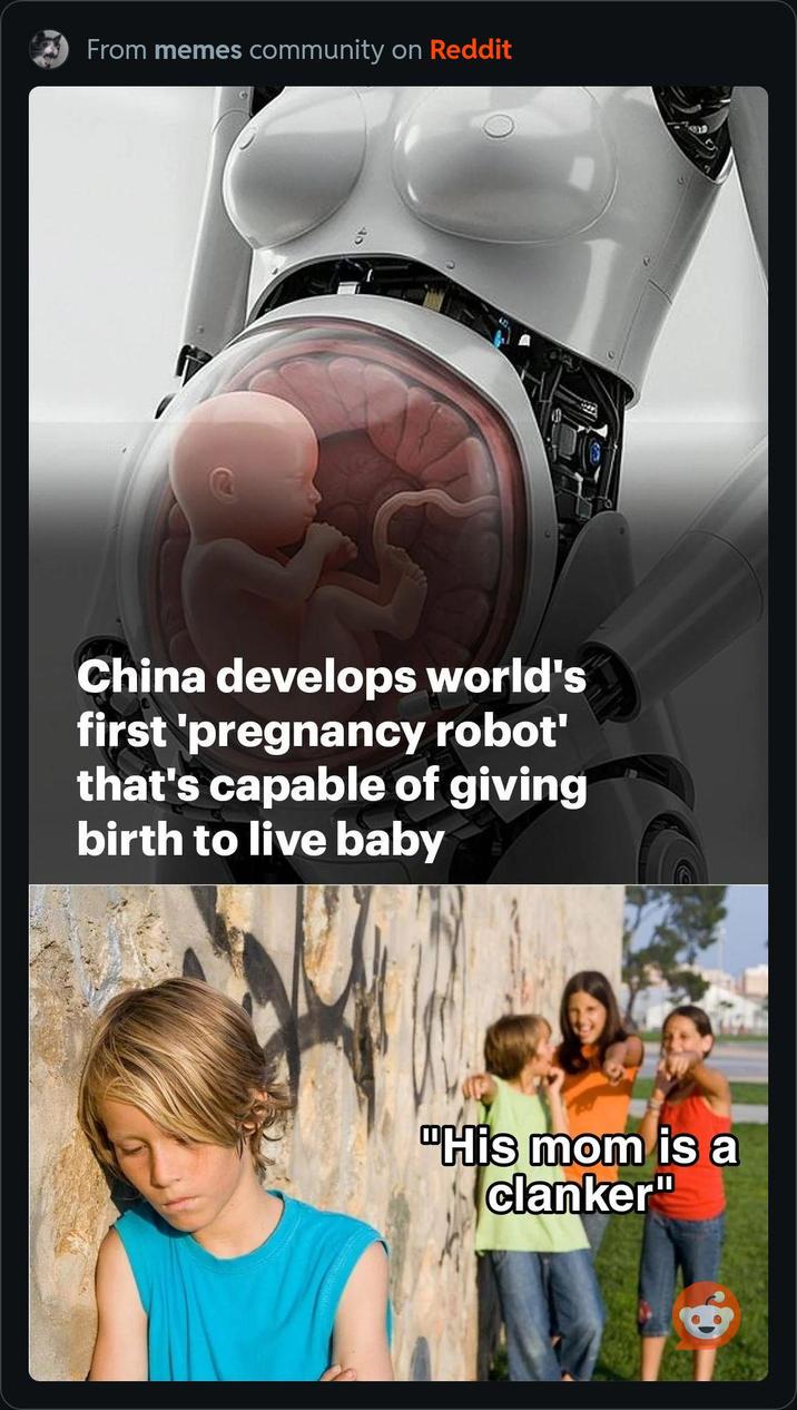 From memes community on Reddit China develops world's first 'pregnancy robot' that's capable of giving birth to live baby "His mom is a clanker"