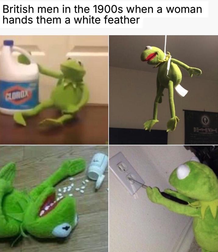 British men in the 1900s when a woman hands them a white feather CLOROX D3HILO