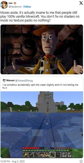 ou don’t fw no shaders no mods no texture packs no nothing? A version of the "you don't fw no Carti" meme. The meme is about Minecraft.