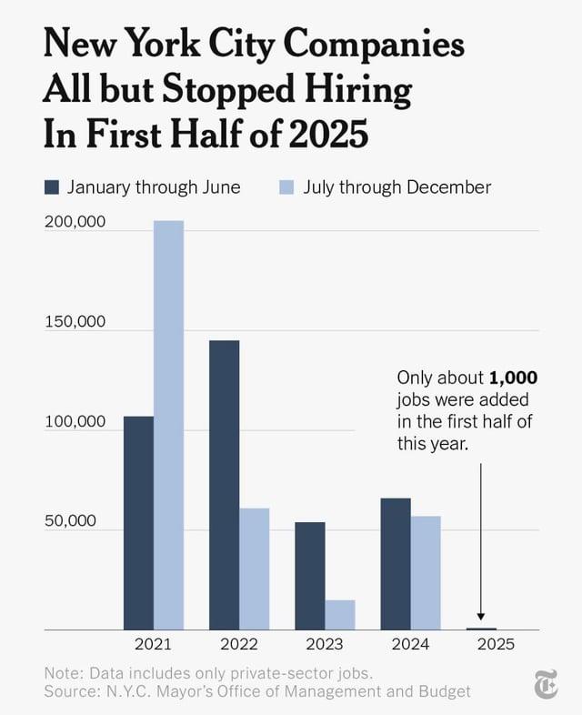 New York City Companies All but Stopped Hiring In First Half of 2025 January through June July through December 200,000 150,000 Only about 1,000 jobs were added 100,000 in the first half of this year. 50,000 2021 2022 2023 2024 2025 Note: Data includes only private-sector jobs. Source: N.Y.C. Mayor's Office of Management and Budget
