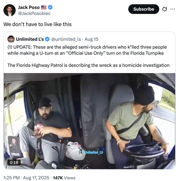 A meme about "Indian":https://knowyourmeme.com/memes/cultures/india truck drivers based on the August 2025 accident caused by Harjinder Singh, who made an illegal U-turn on a Florida turnpike, resulting in a passenger vehicle slamming into the truck's trailer.