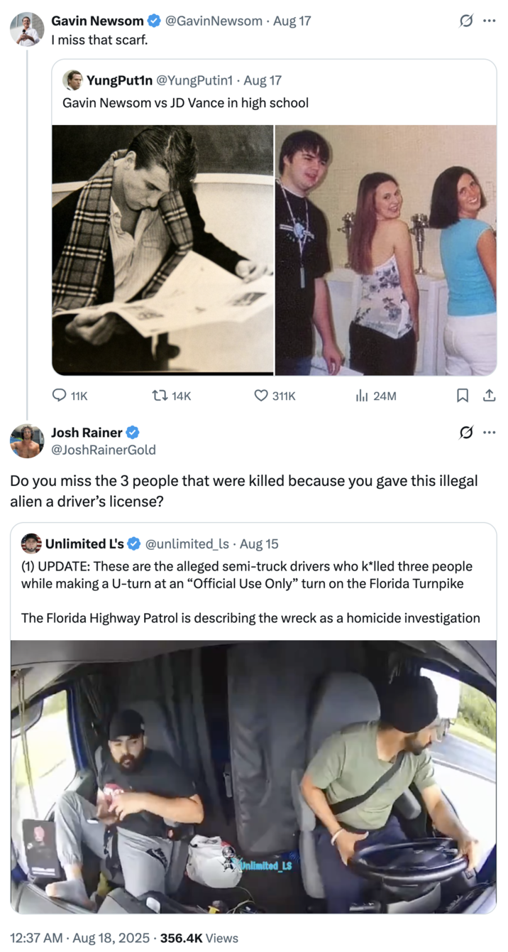 A reply to California Governor "Gavin Newsom":https://knowyourmeme.com/memes/people/gavin-newsom, related to the "Chad Gavin Newsom vs. Chud J.D. Vance":https://knowyourmeme.com/memes/chad-gavin-newsom-vs-chud-jd-vance memes and the Indian truck driver Harjinder Singh, who reportedly got his CDL license in California.