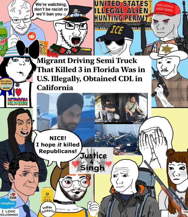 A "Political Compass":https://knowyourmeme.com/memes/political-compass meme about "Indian":https://knowyourmeme.com/memes/cultures/india truck drivers based on the August 2025 accident caused by Harjinder Singh, who made an illegal U-turn on a Florida turnpike, resulting in a passenger vehicle slamming into the truck's trailer.
