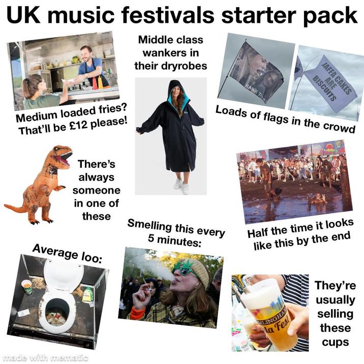 UK music festivals starter pack Middle class wankers in their dryrobes Medium loaded fries? That'll be £12 please! JAFFA CAKES ARE BISCUITS HAWK TU Loads of flags in the crowd There's always someone in one of these Smelling this every 5 minutes: Half the time it looks like this by the end Average loo: They're usually LINGHAN la Fes selling these made with mematic cups