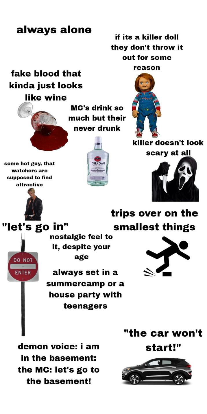 always alone if its a killer doll they don't throw it out for some reason fake blood that kinda just looks like wine MC's drink so much but their never drunk killer doesn't look scary at all some hot guy, that watchers are supposed to find attractive ДЛЯ АЗАЯ Вознание "let's go in" DO NOT ENTER nostalgic feel to it, despite your age trips over on the smallest things always set in a summercamp or a house party with teenagers demon voice: i am in the basement: the MC: let's go to the basement! "the car won't start!"