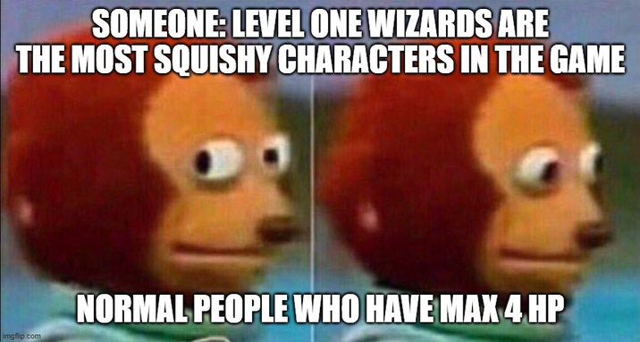 SOMEONE: LEVEL ONE WIZARDS ARE THE MOST SQUISHY CHARACTERS IN THE GAME imgflip.com NORMAL PEOPLE WHO HAVE MAX 4 HP